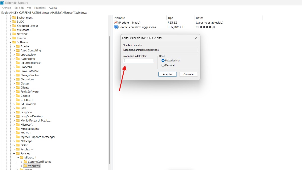 Desactivar sugerencias de la web en el Registro de Windows