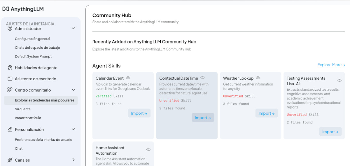 Instalar habilidades desde la interfaz de AnythingLLM
