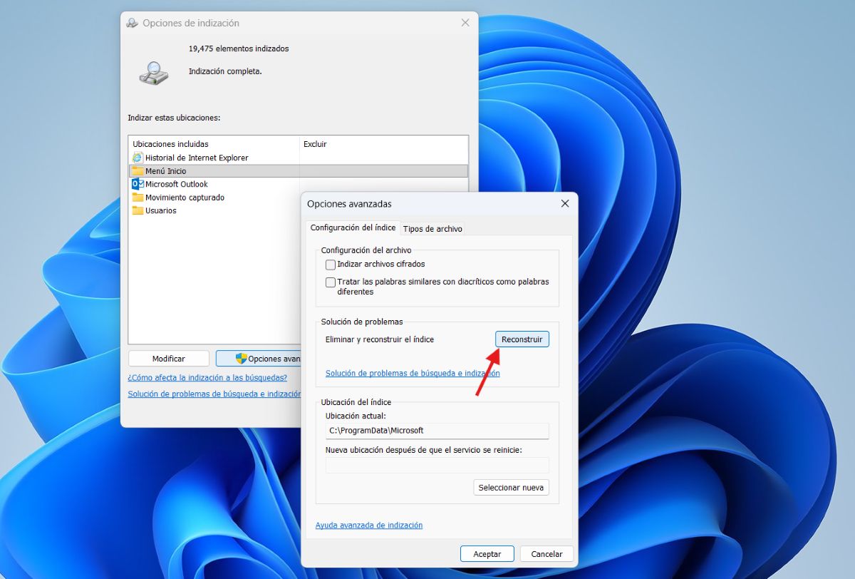 Windows Search consume mucha CPU o disco reconstruir el indice de búsqueda