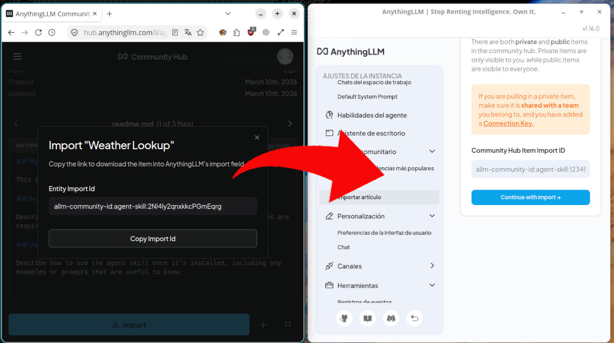 copiar-pegar ID de la habilidad en AnythingLLM