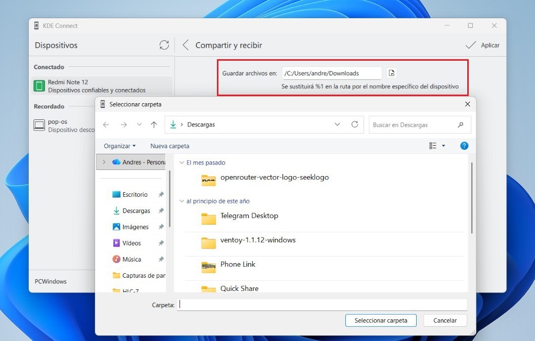 Cambiar la ubicación de guardado en KDE Connect