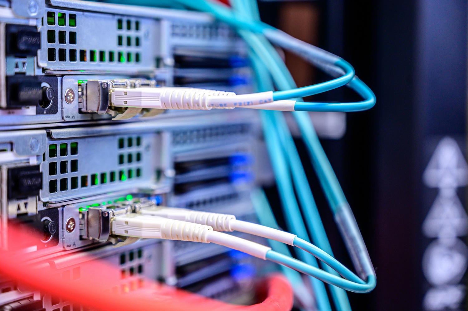 Primer plano de cables Ethernet conectados a un servidor que ilustra la conectividad física y la configuración de DHCP.