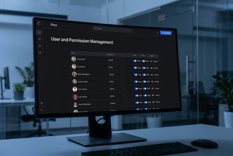 Pantalla de ordenador mostrando un panel de administración de usuarios y permisos con diseño profesional en modo oscuro estilo Onyx.