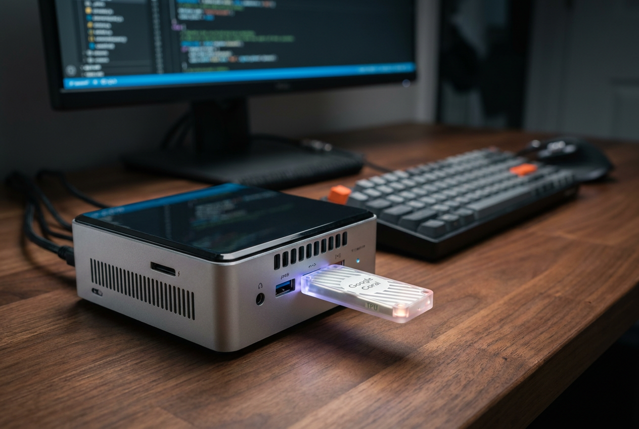Primer plano de un mini PC con un acelerador de IA Google Coral TPU conectado, ilustrando el hardware necesario para Frigate.