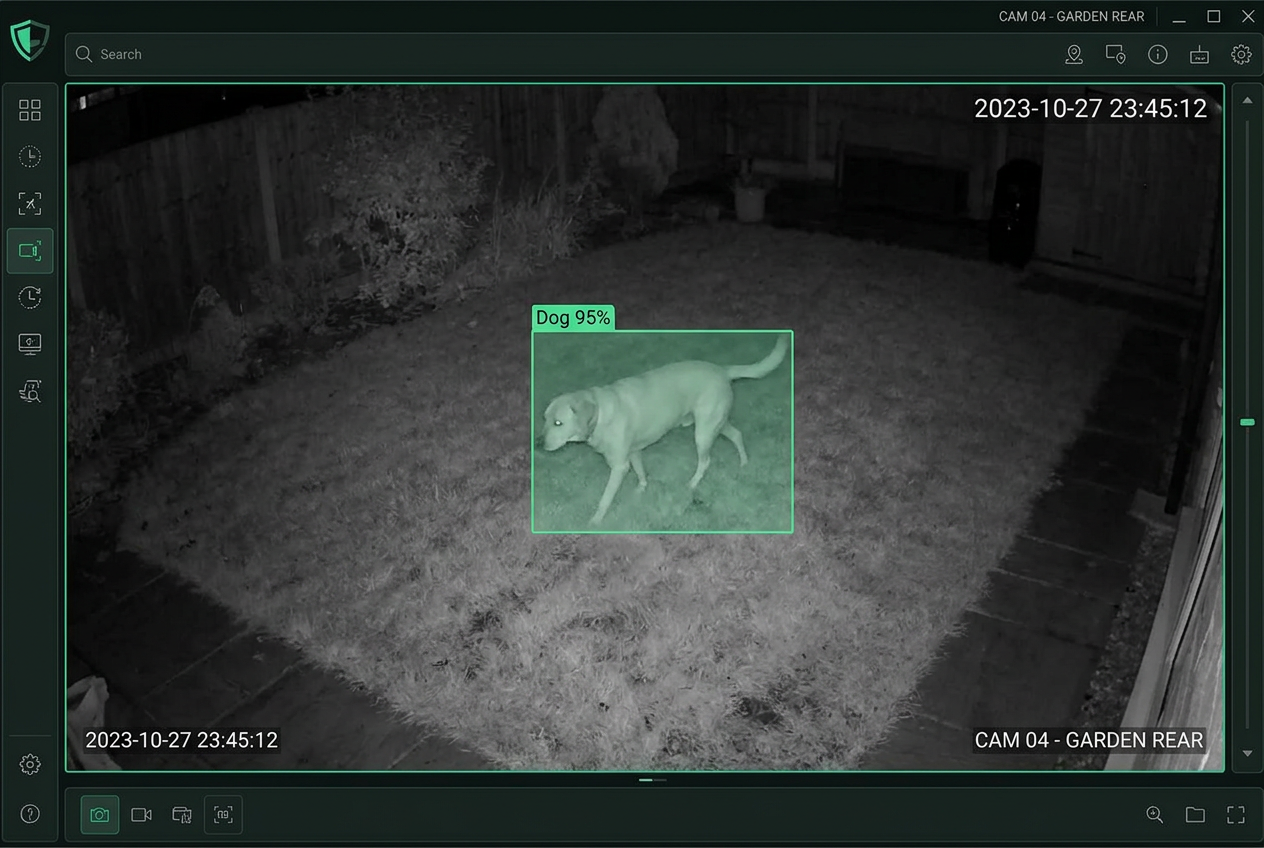 Vista de cámara de seguridad en visión nocturna detectando un perro en un jardín residencial con una etiqueta de confianza de IA.