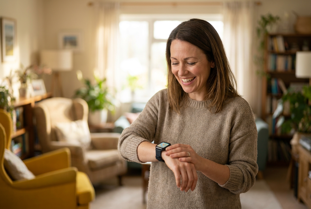 Persona con expresión de alivio y felicidad mirando su smartwatch tras localizar un objeto perdido en su salón.