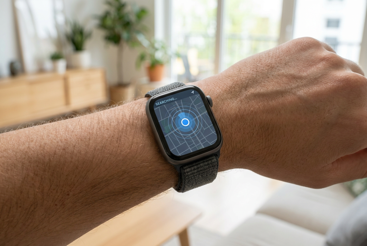 Primer plano de una muñeca con un smartwatch moderno mostrando un mapa estilizado con un marcador de ubicación azul y efecto de radar.