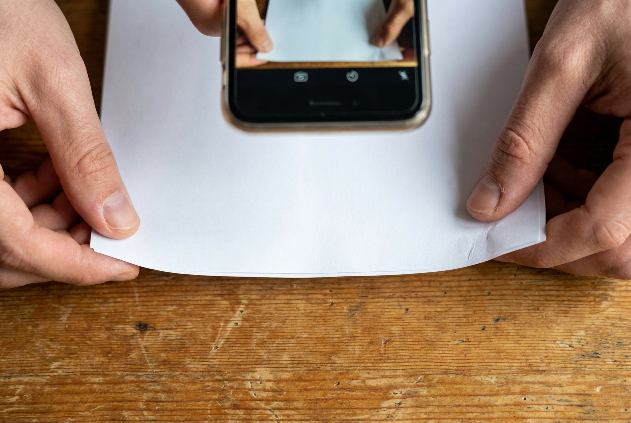 Vista cenital de unas manos sujetando las esquinas de un documento blanco mientras un smartphone lo fotografía, mostrando los dedos interfiriendo en la captura.