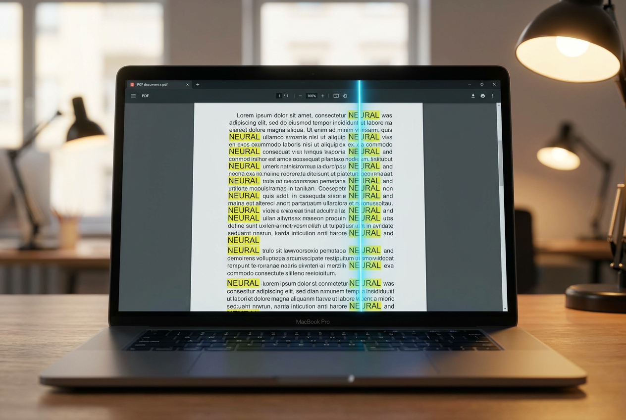 Pantalla de laptop mostrando un PDF con palabras resaltadas automáticamente por una IA con efecto de escaneo azul brillante