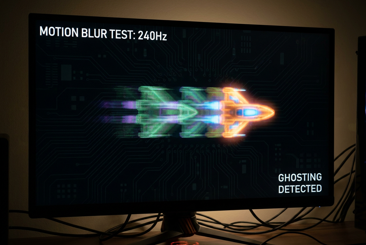 Ilustración técnica de un monitor mostrando el efecto de ghosting con estelas de colores siguiendo a un objeto en movimiento.