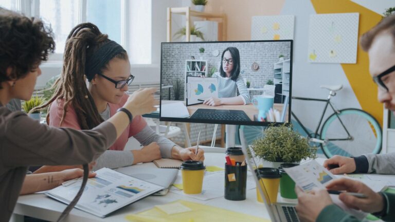 Jóvenes profesionales colaborando en una videollamada dentro de una oficina moderna y creativa, representando la comunicación en tiempo real de Microsoft Teams.