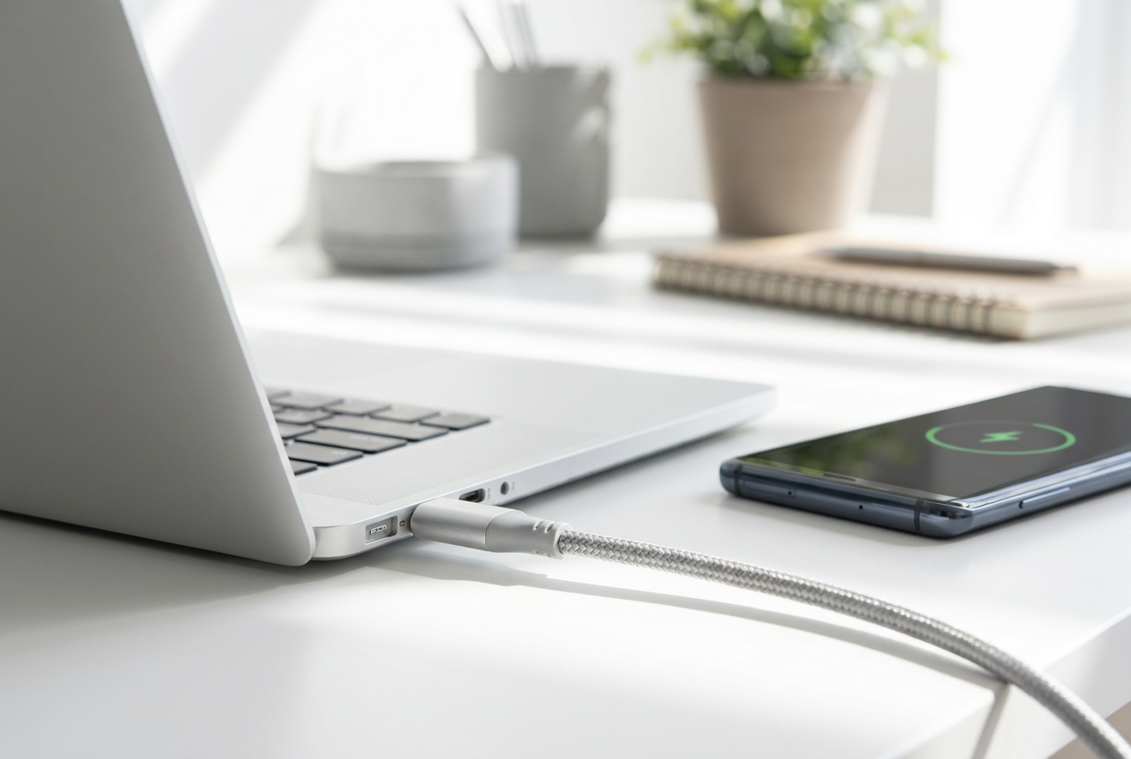 Smartphone Android conectado a un portátil mediante un cable USB-C en un entorno de oficina moderno.