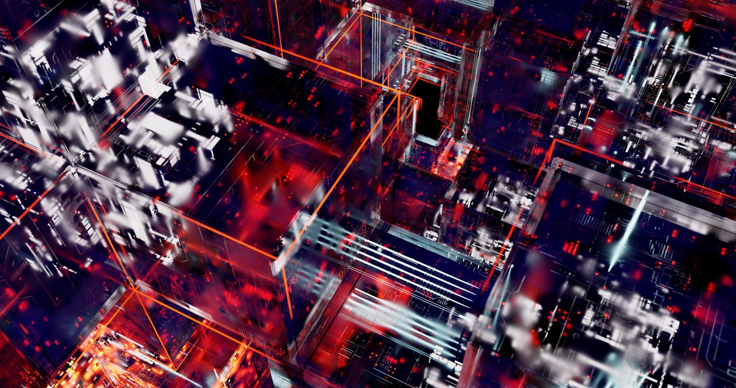 Circuitos digitales abstractos con luces brillantes, ilustrando el proceso de enrutamiento y traducción de peticiones entre diferentes modelos de IA.