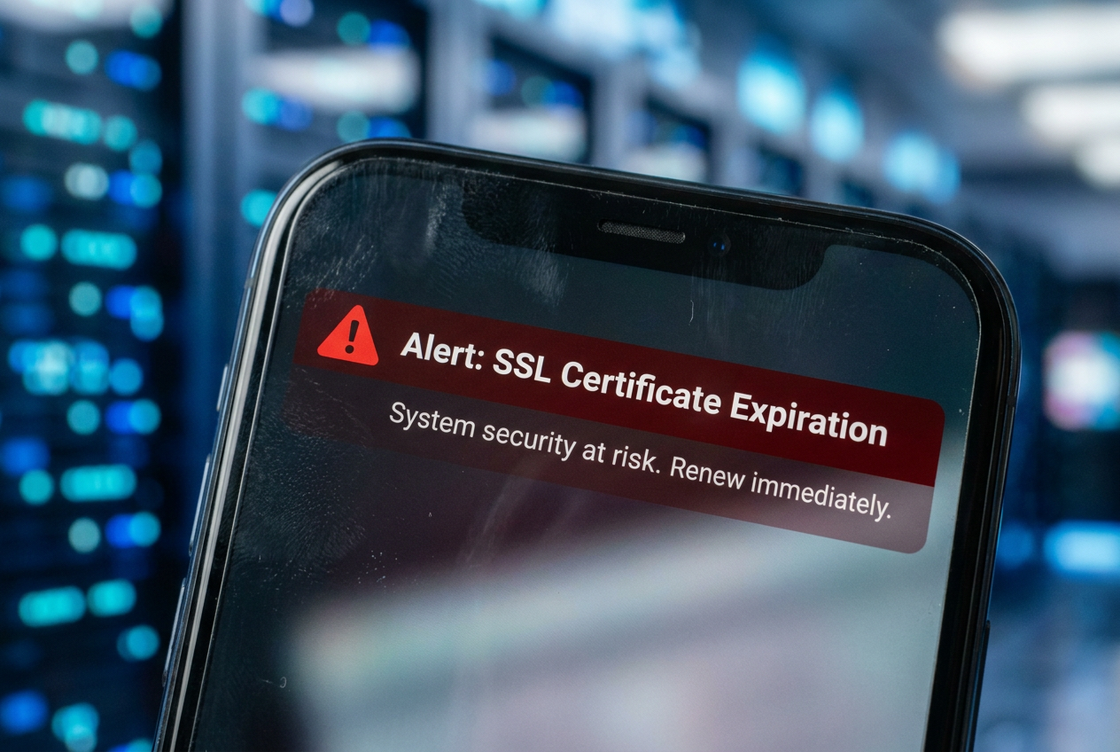 Smartphone notification alerting the system administrator about an SSL certificate expiration.