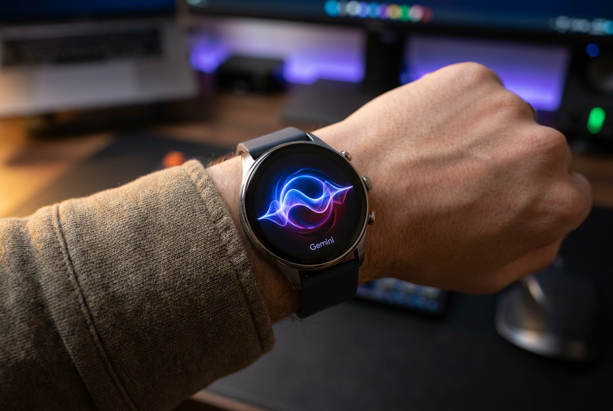 Smartwatch circular mostrando una interfaz de seguimiento deportivo e inteligencia artificial.