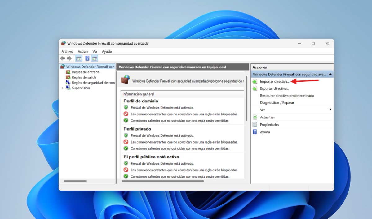 Importar directiva al restablecer el Firewall de Windows