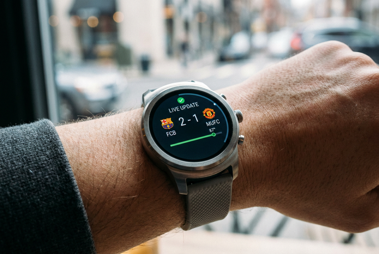 Primer plano de un smartwatch circular mostrando una Actualización en Vivo (Live Update) de un partido de fútbol con el marcador en tiempo real, ilustrando las funciones de Wear OS 7.