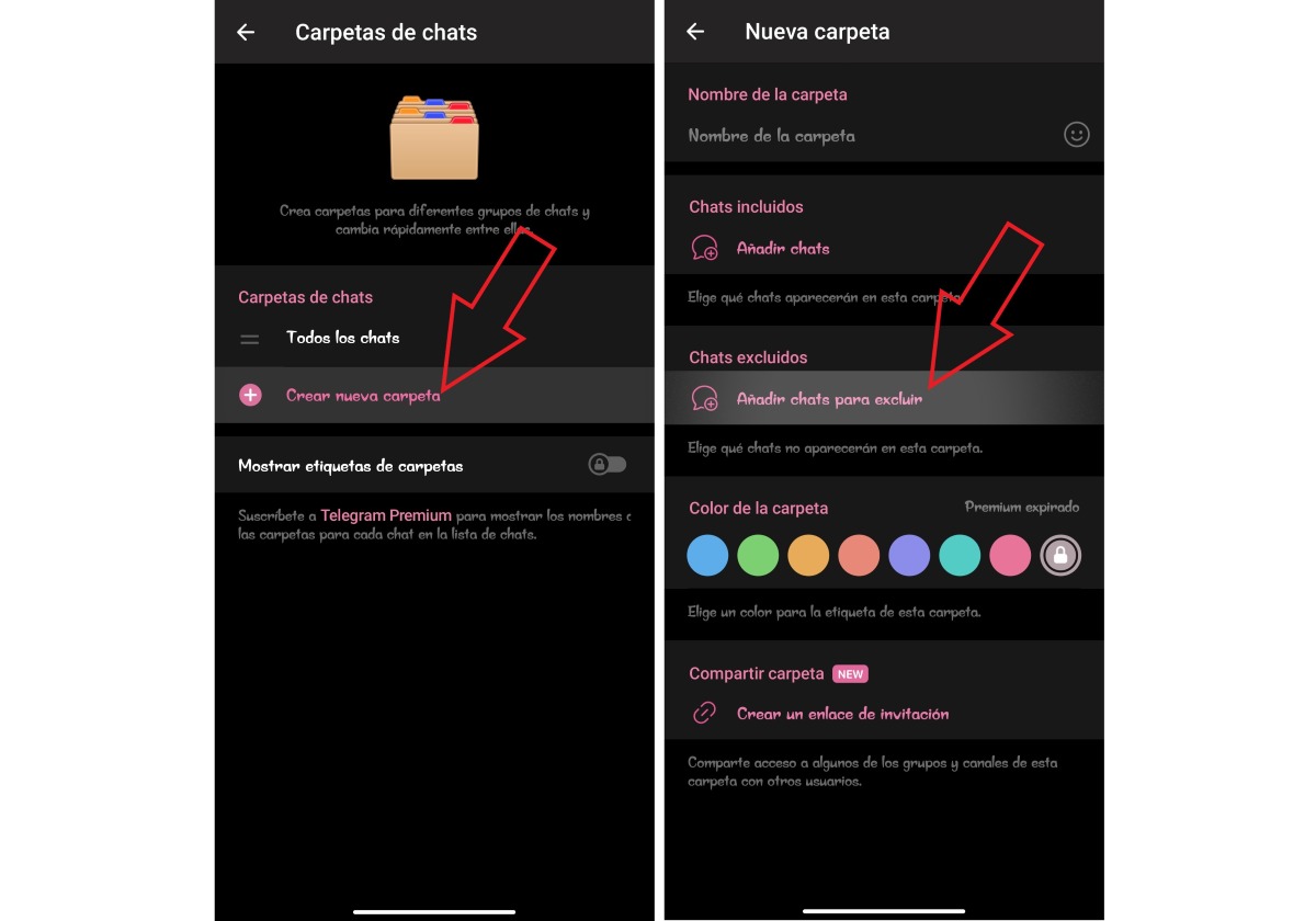 Ocultar determinados grupos y canales dentro de una comunidad de Telegram carpeta de chats