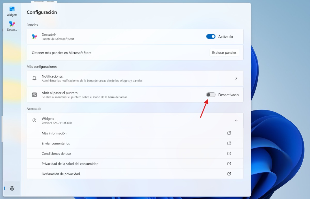 Pasos para evitar que los Widgets de 11 se abran al pasar el ratón