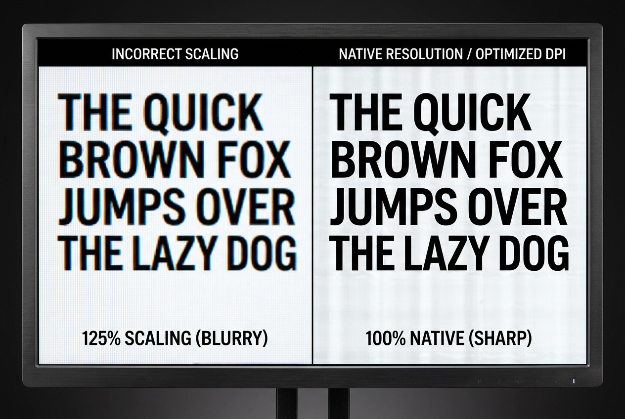 Comparativa visual de texto borroso frente a texto nítido en un monitor, demostrando la diferencia entre el escalado incorrecto y la resolución nativa.