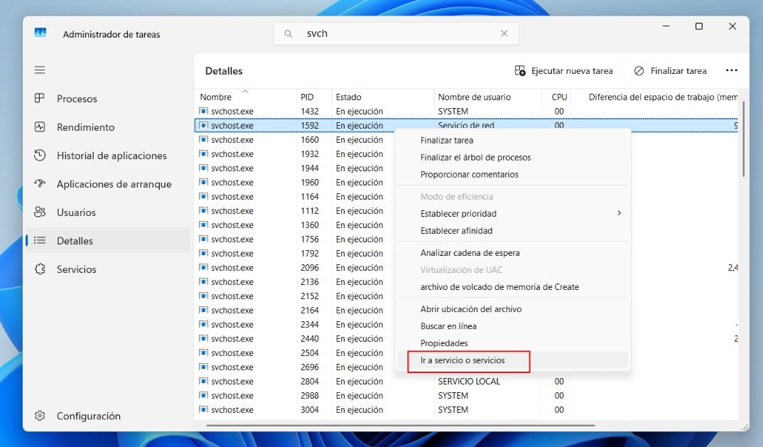 Procesos svchost.exe en el Administrador de tareas