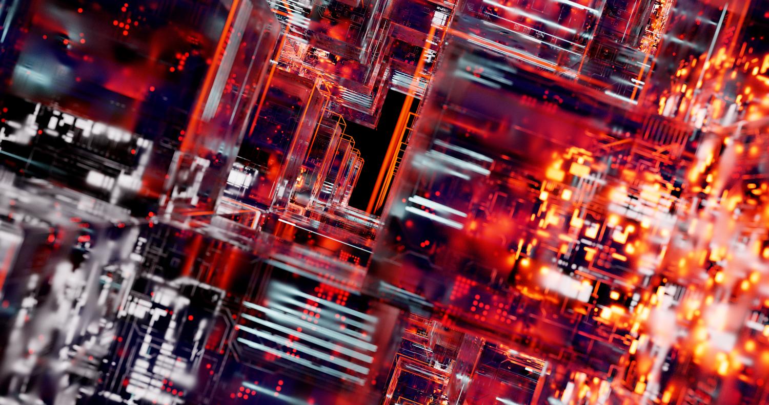 Visualización abstracta de circuitos digitales y luces LED, representando el concepto técnico de un servicio host y una API de entrada en segundo plano.