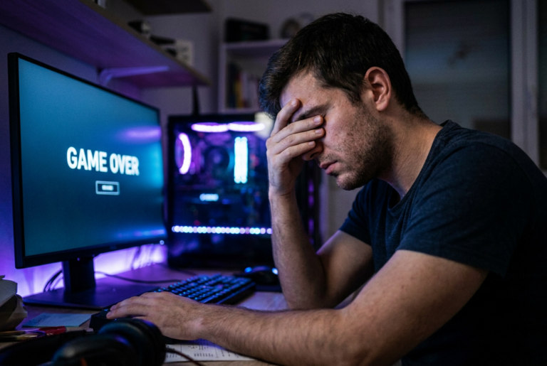Gamer frustrado frente al monitor con iluminación RGB de fondo, representando el lag del sistema provocado por procesos intensivos.