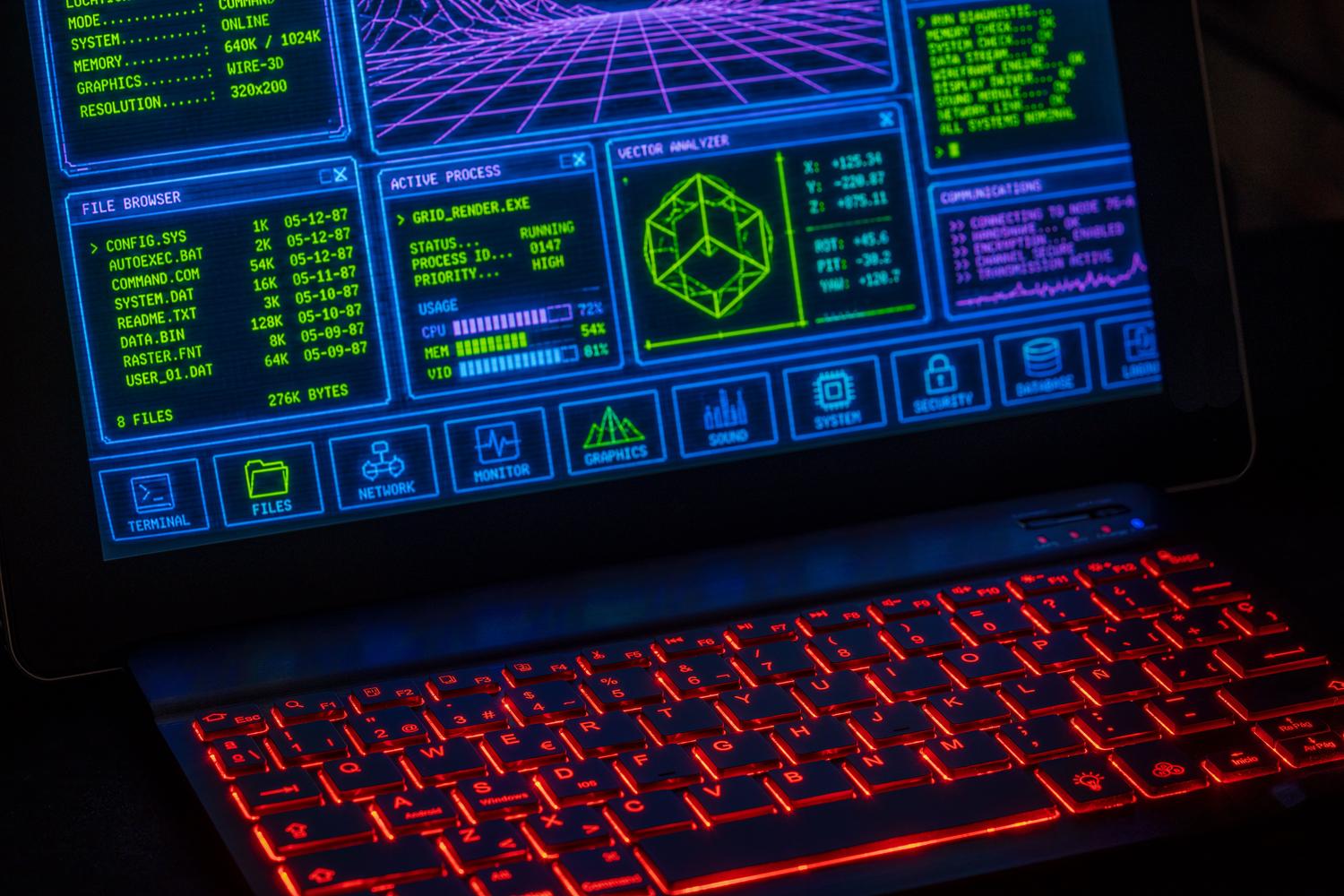Interfaz digital futurista en una laptop, representando las funciones avanzadas de TextInputHost como el panel de emojis y GIFs.