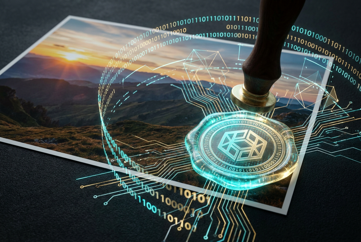 Conceptual 3D render of a digital image being cryptographically sealed with a futuristic seal, binary code and circuit lines.