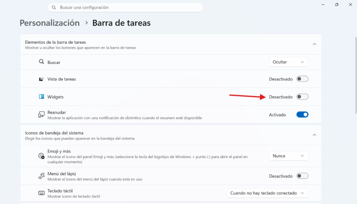 Quitar por completo los Widgets de Windows 11 de la barra de tareas