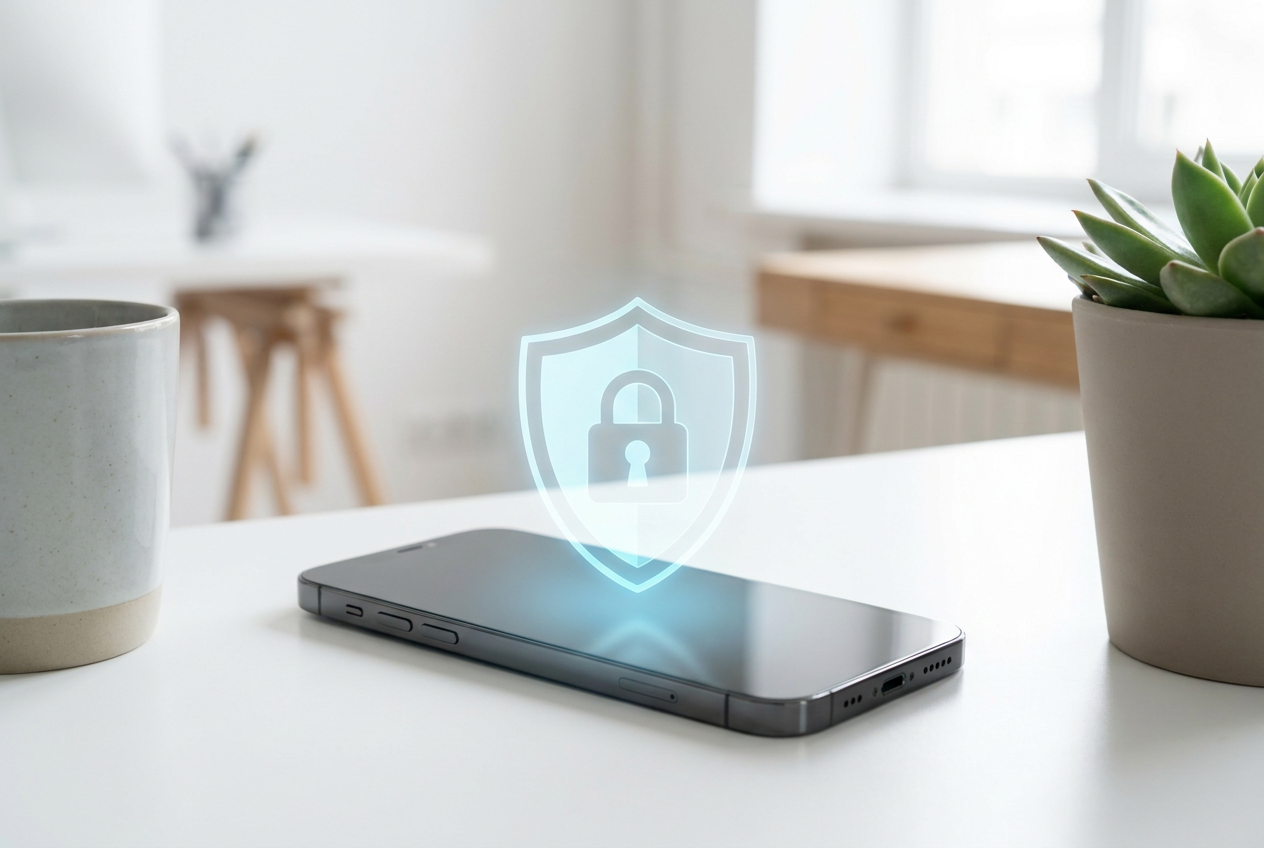 Escudo digital sobre un smartphone, representando la seguridad y privacidad de los datos utilizados por Samsung Now Brief.