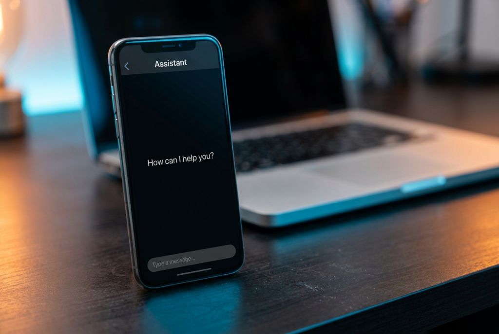 Smartphone displaying a generic AI chat interface on a dark desk, symbolizing an intelligent assistant or second brain.