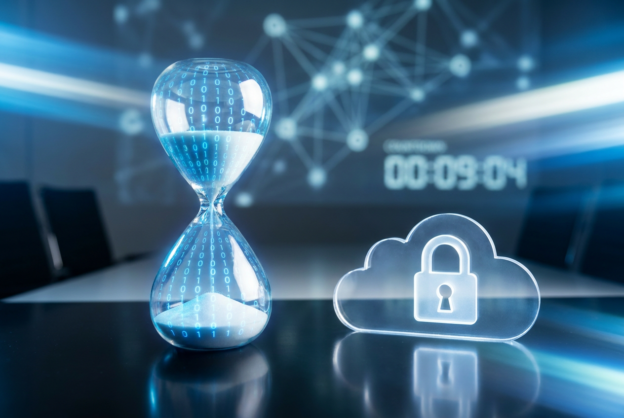 Reloj y nube protegida que representan la expiración de enlaces y accesos de invitados.
