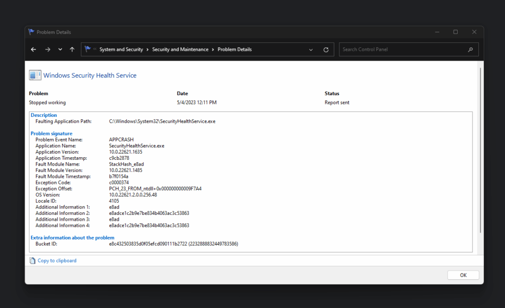 Windows Security Health Service
