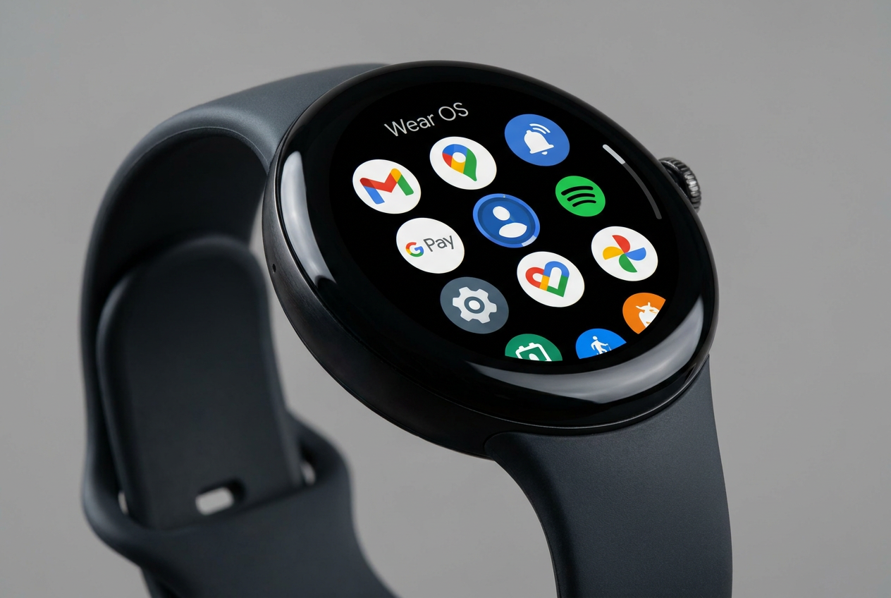 Reloj inteligente con Wear OS mostrando el menú de aplicaciones para gestionar y liberar espacio de almacenamiento.