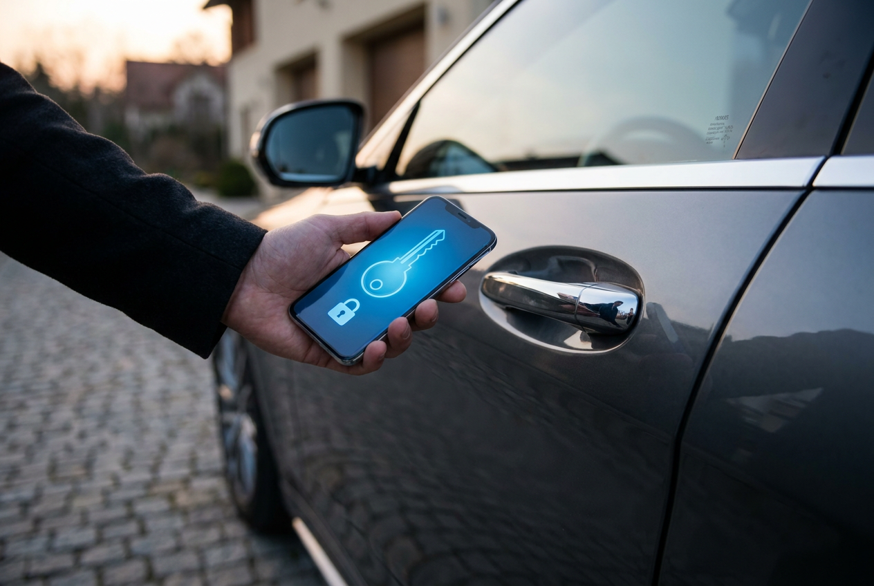 Persona utilizando la llave digital de Samsung Wallet para desbloquear un coche compatible