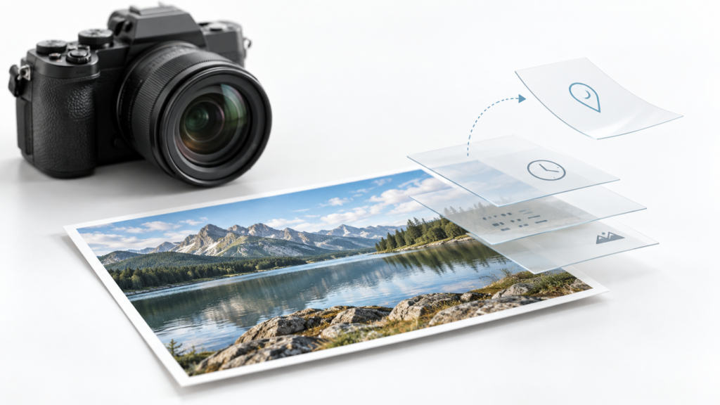 Cámara y fotografía con capas que representan los metadatos y la ubicación de la imagen