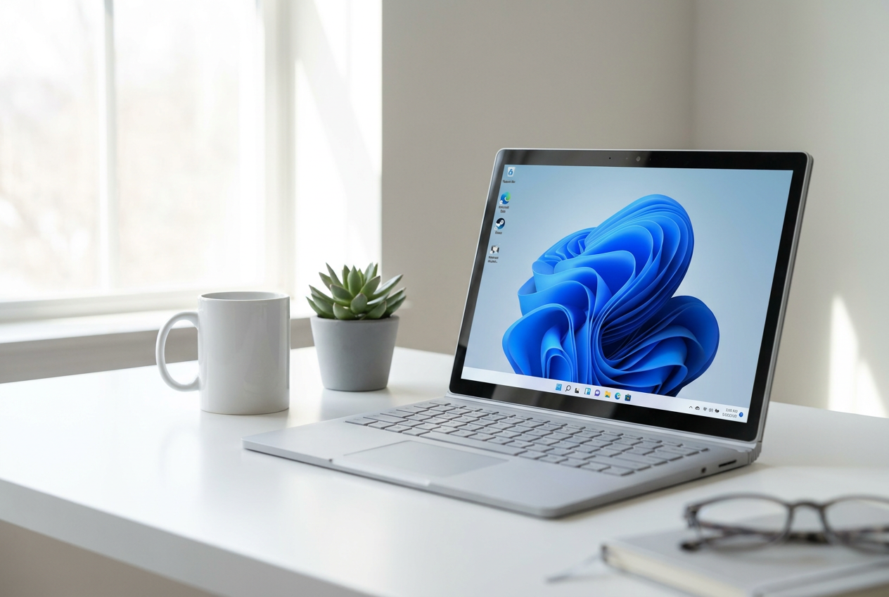 Portátil con Windows 11 en un escritorio, representando una búsqueda con menos resultados web.