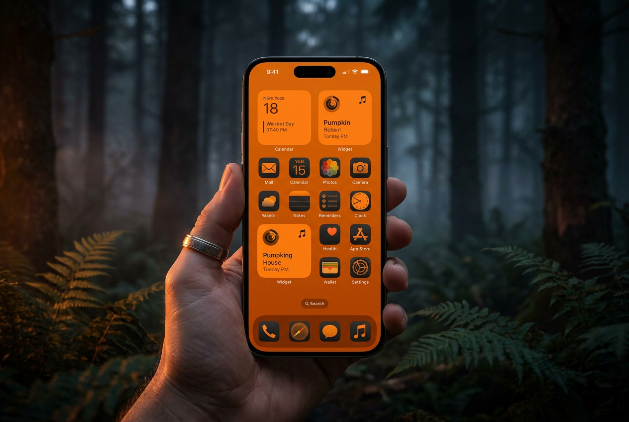 Primer plano de un iPhone mostrando la función de iconos tintados en color naranja calabaza de iOS 18, sostenido frente a un bosque oscuro.