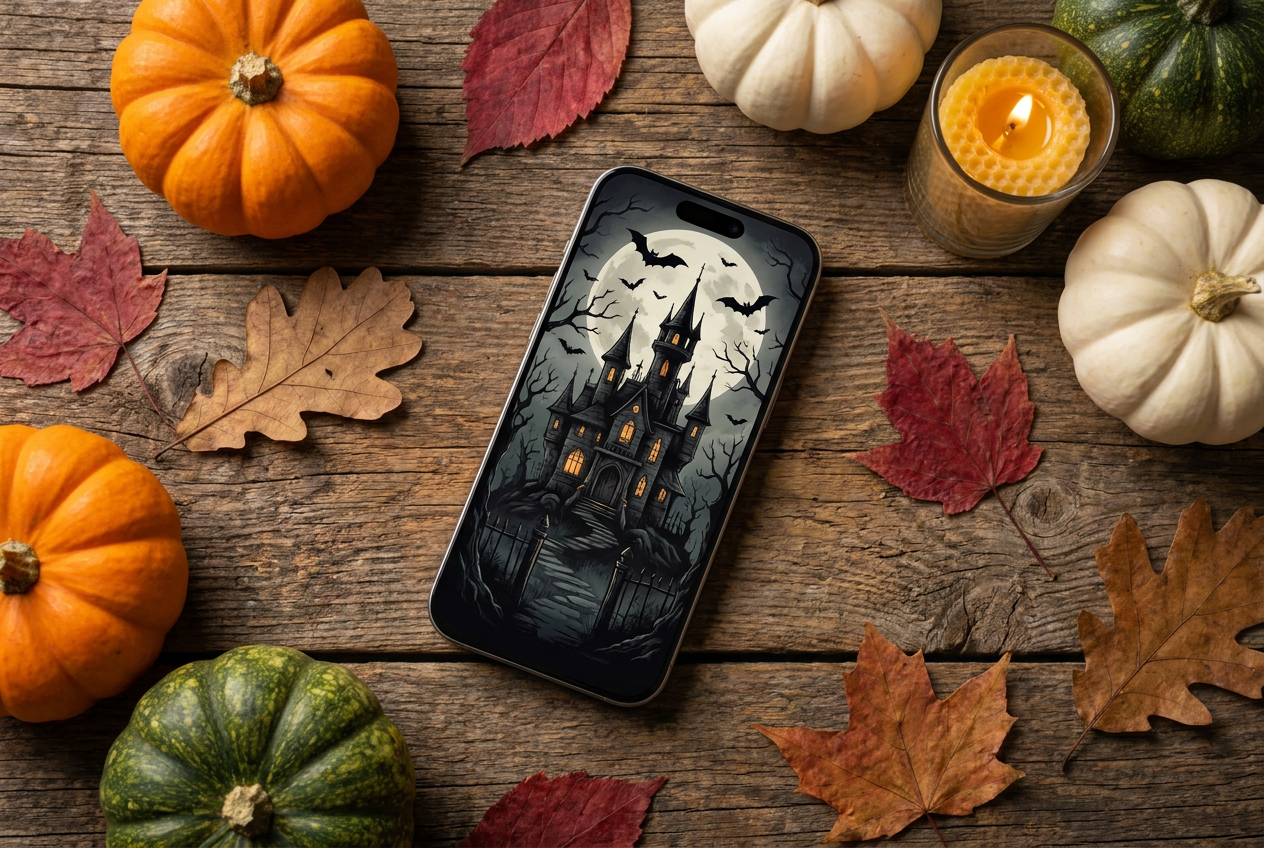 iPhone sobre una mesa de madera rodeado de calabazas decorativas, hojas de otoño y una vela, con un fondo de pantalla gótico.