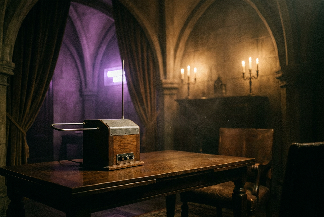 Instrumento Theremin en una habitación gótica oscura, evocando sonidos macabros y etéreos.