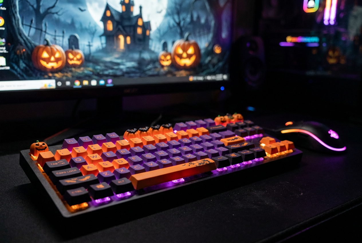 Primer plano de teclado y ratón gaming iluminados con SignalRGB en una paleta de Halloween naranja y morada.
