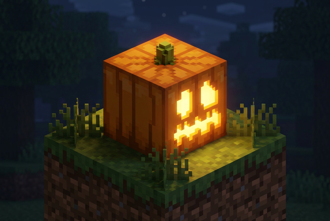 Una calabaza tallada de Minecraft (Jack-o'-lantern) con el rostro iluminado en estilo voxel art.