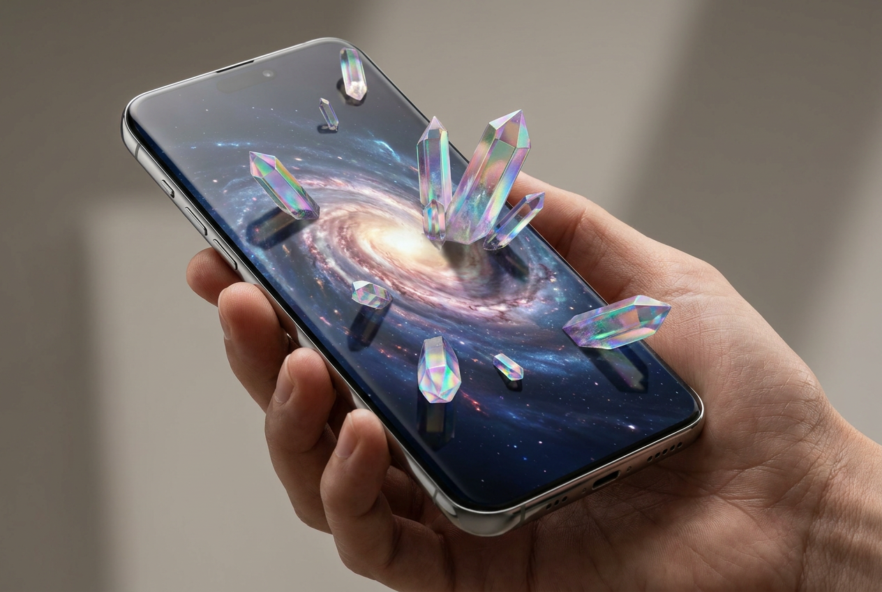 Smartphone de gama alta mostrando un fondo de pantalla dinámico en 3D generado por IA con efectos de profundidad.