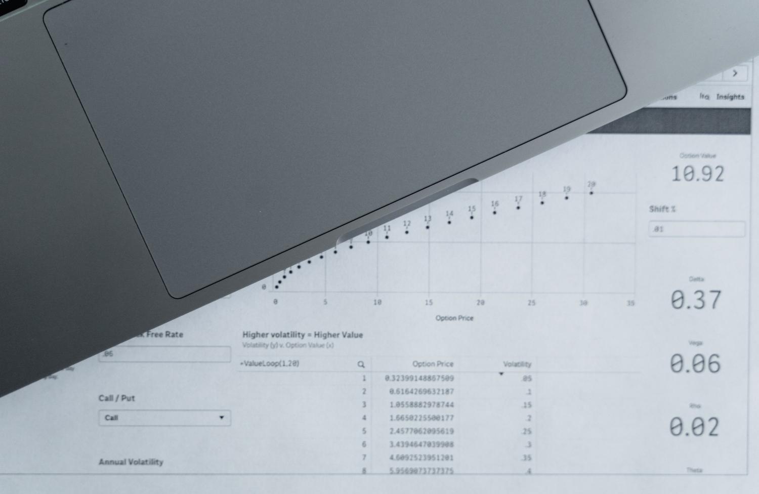 Laptop y hojas de cálculo impresas con análisis de datos financieros en un entorno de oficina profesional.