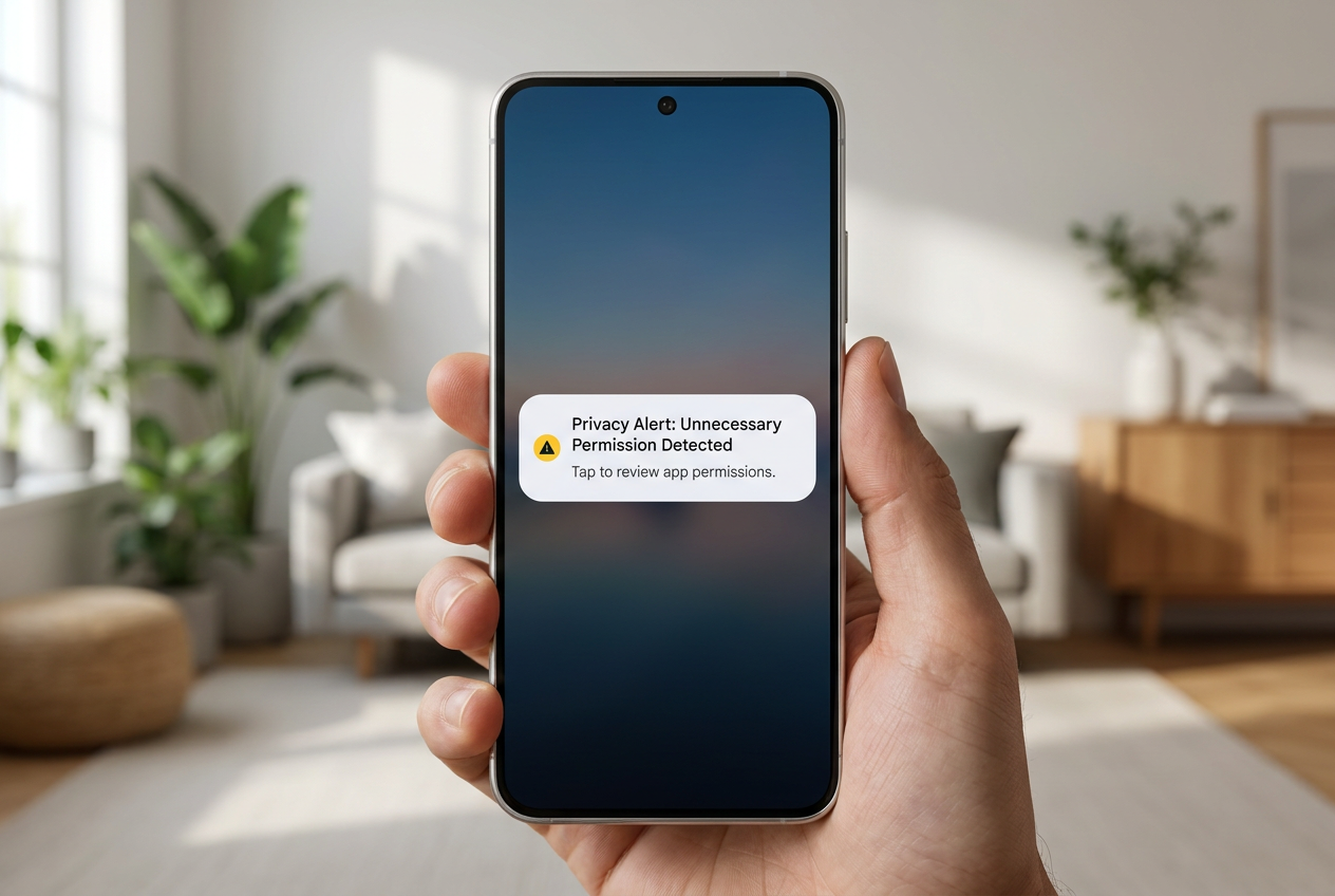 Primer plano de la pantalla de un smartphone mostrando una notificación de alerta de privacidad del sistema que advierte sobre permisos de aplicaciones innecesarios.