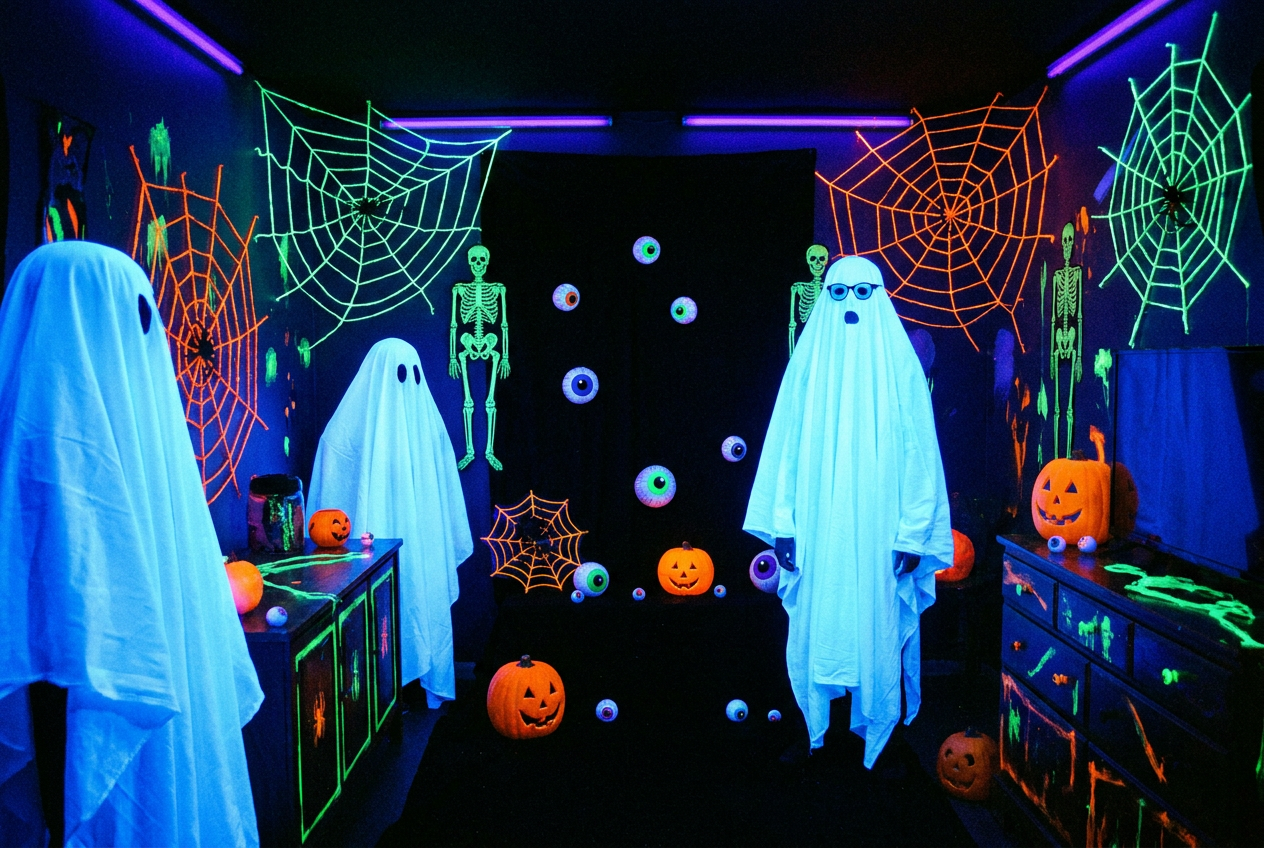 Habitación iluminada con luz negra UV donde resaltan elementos fluorescentes y blancos, creando un ambiente surrealista y aterrador.