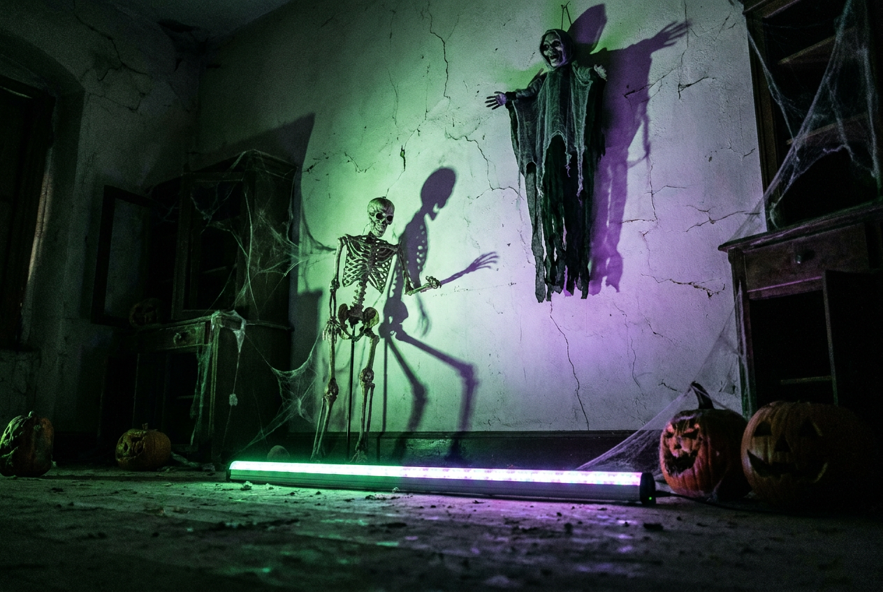 Iluminación desde el suelo con tiras LED que proyectan sombras deformadas y macabras de decoraciones de Halloween hacia arriba.