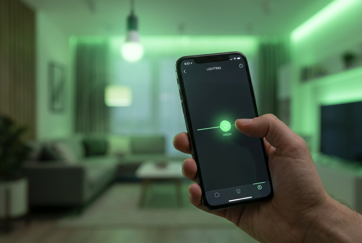 Persona controlando la iluminación inteligente de su hogar desde un smartphone, con el fondo iluminado en un color verde fantasmal.