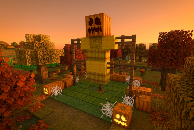 Espantapájaros de Minecraft decorado para Halloween con cabeza de calabaza y cuerpo de heno en una granja rural voxel